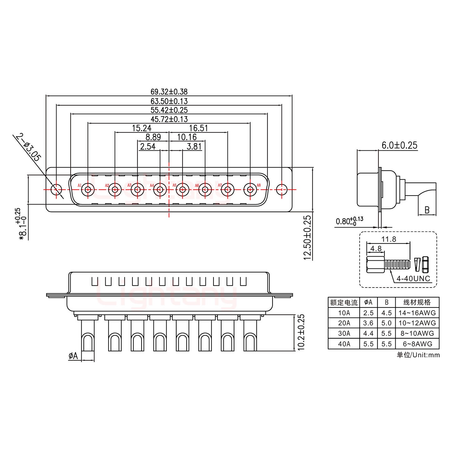 8W8公長體焊線/配螺絲螺母/大電流10A